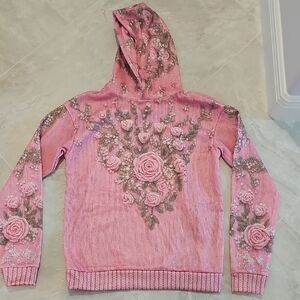 Floral Embroidered Pink Hoodie Sweater